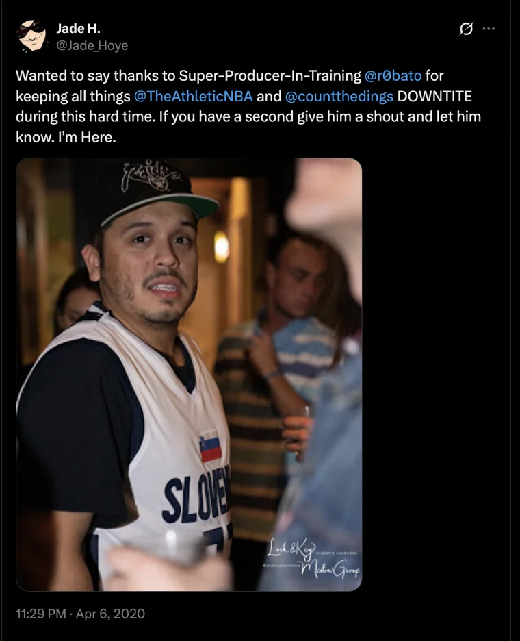 Jade Hoye's April 2020 post thanking Rob, with a photo of Rob